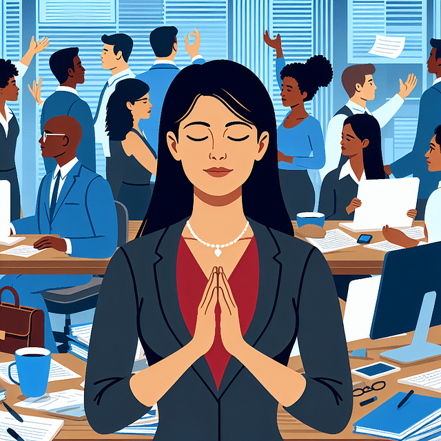 a serene individual practicing gratitude amidst a busy work environment