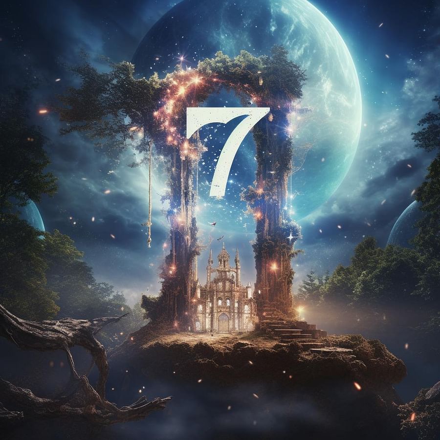 Dreamlike image of the angel number 777 glowing in a mystical setting